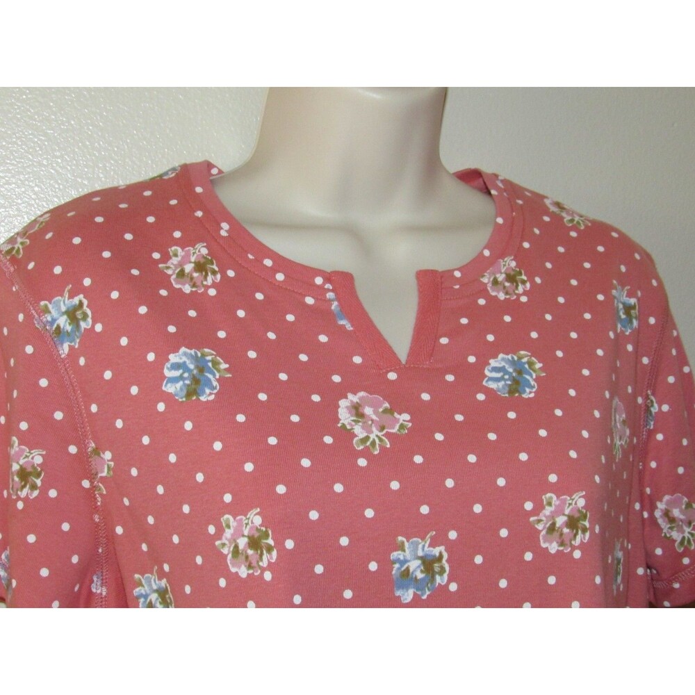 Van Heusen Womens Top M Pink Floral Casual Summer Knit 100% Cotton Dots New - Picture 3 of 7